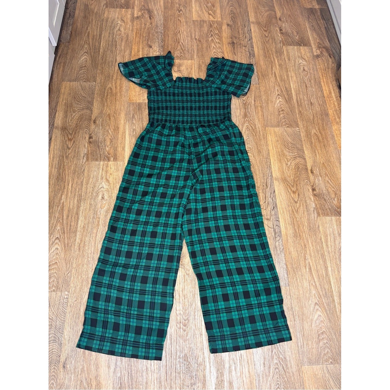 Draper James Green Plaid Smocked Off-Shoulder Wide-Leg Jumpsuit Size Large
