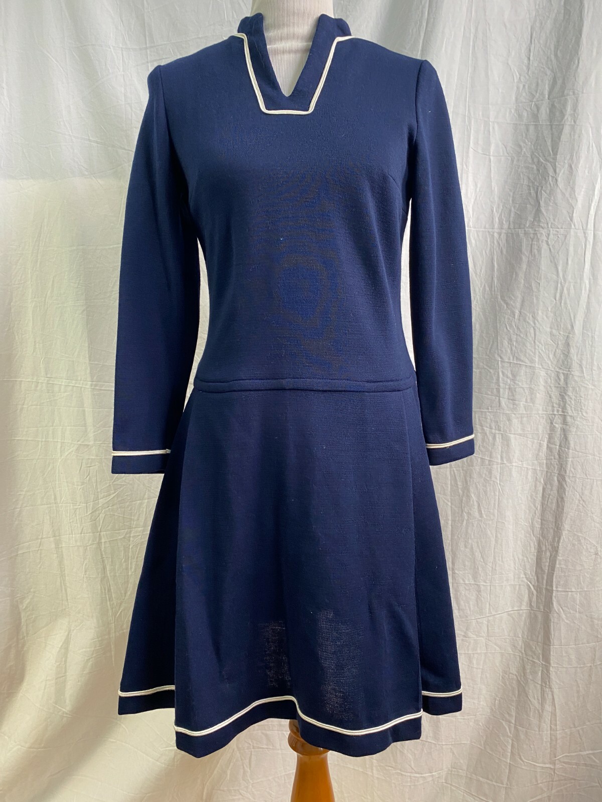 Vintage 70s Kay Windsor Navy Blue White Piping Long Sleeve Sailor Mini Dress 6