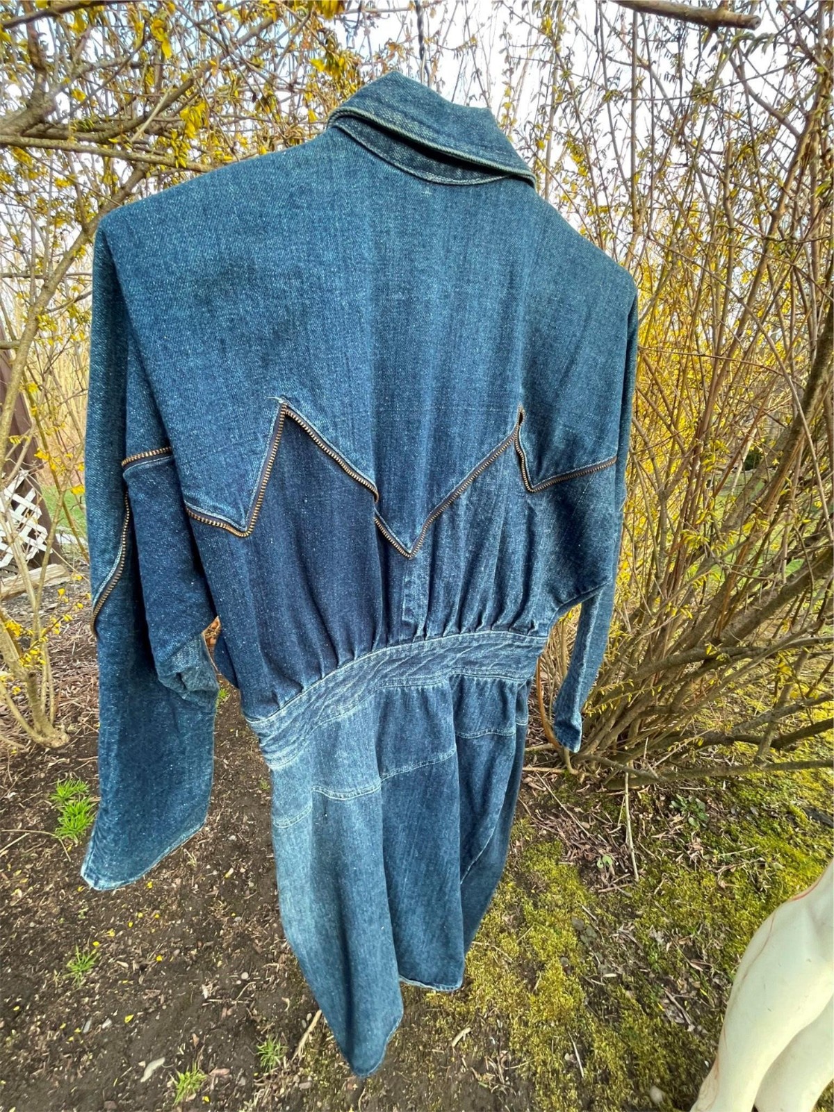 VTG 80S RETRO WOMENS 7/8 S DARK DENIM JEAN ZIPPER TRIM NEW WAVE BUTTON ZIP DRESS