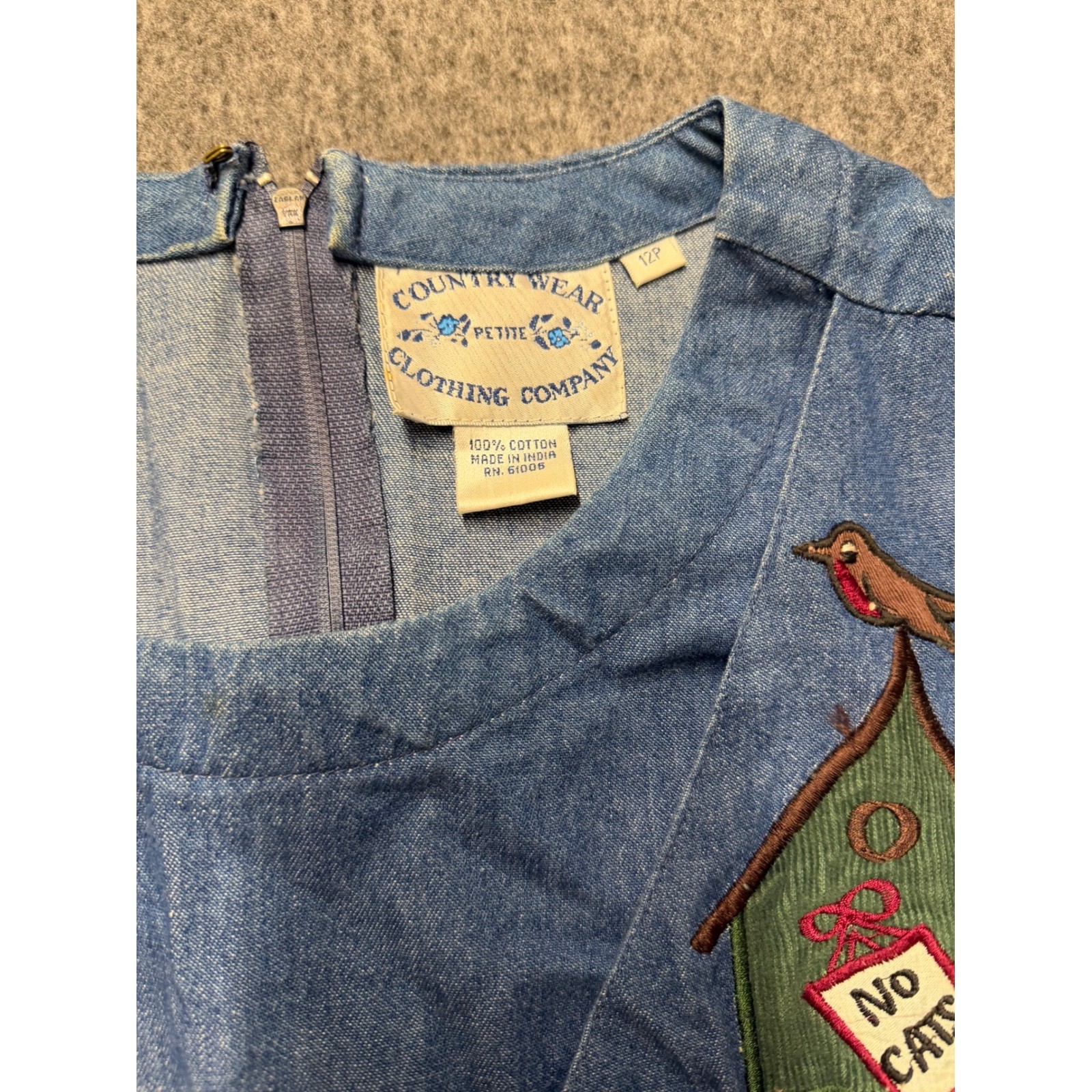 Country Wear Petite Denim Birdhouse Applique Dress Blue Cotton Vintage 12P