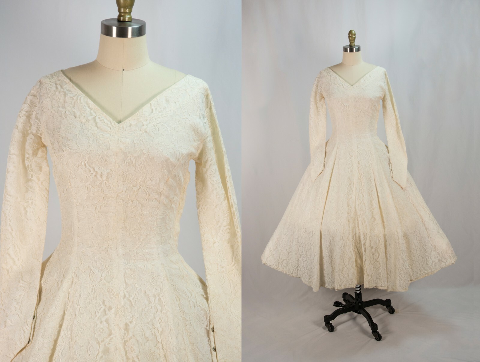 Vtg 1950s Ivory Lace Audrey Party Circle Dress New Look Bow Waist VLV Wedding S