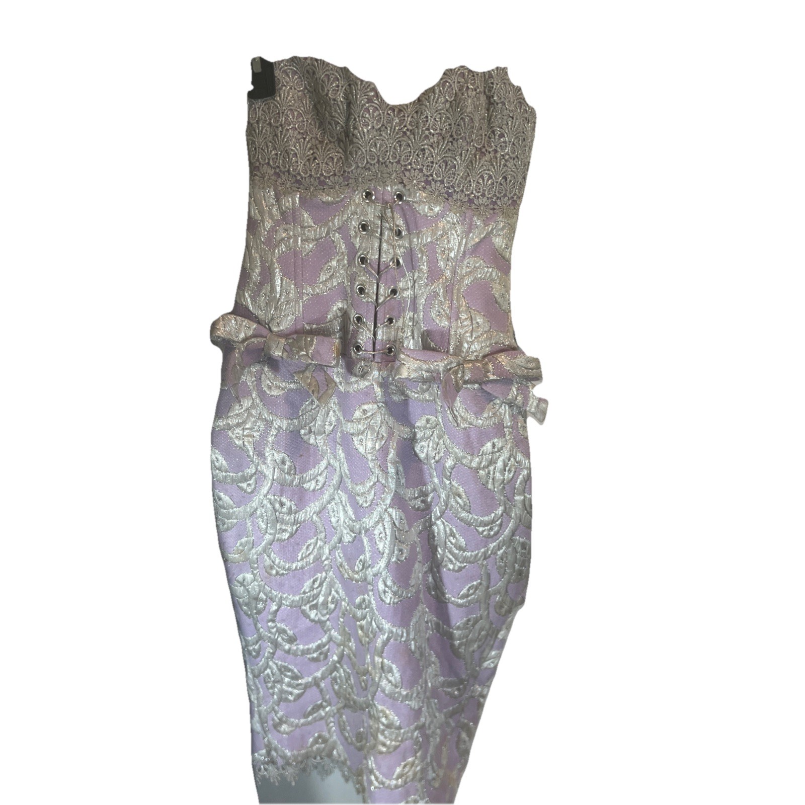 80s Lavender & Silver Brocade Corset Dress Lace Up Back Peplum Bows Detailed