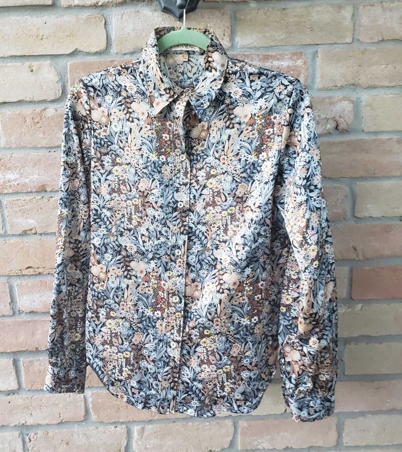 VTG 70s Stuart Lang Earth Tone Floral Button Shirt JRS Sz 13/14 Disco Hippie AOP