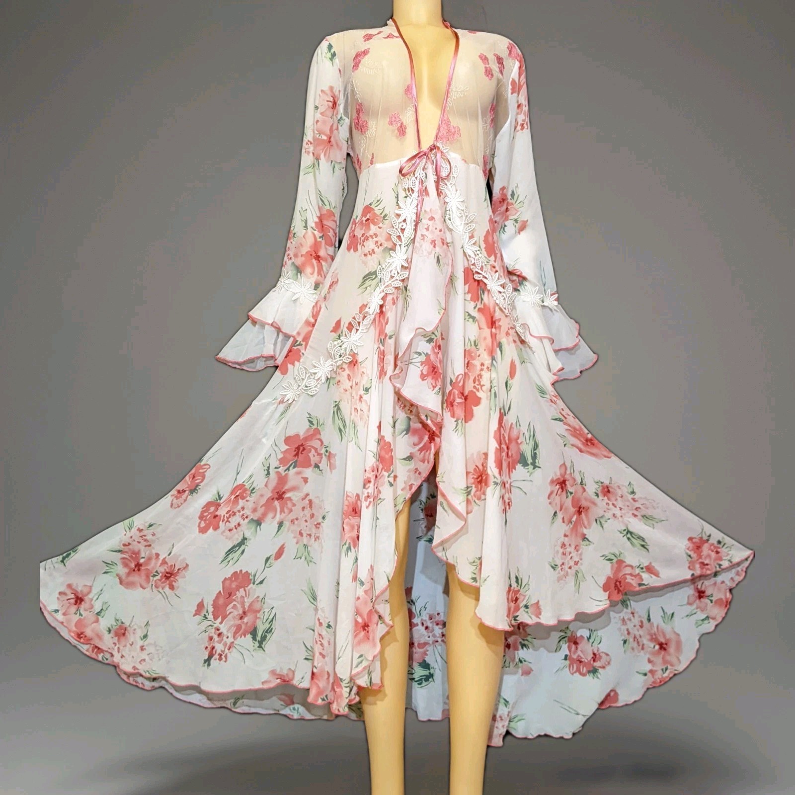 Retro Floral Huiheng Angel Multicolor Flounce Nightgown Kimono Robe Set L