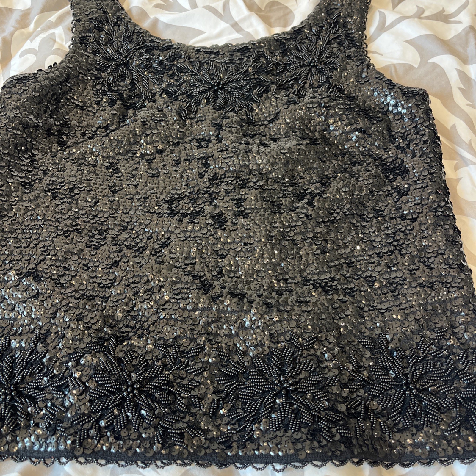 Vintage Stephen Chu Black Sequin Sleeveless Top Size medium With Beaded Flowers