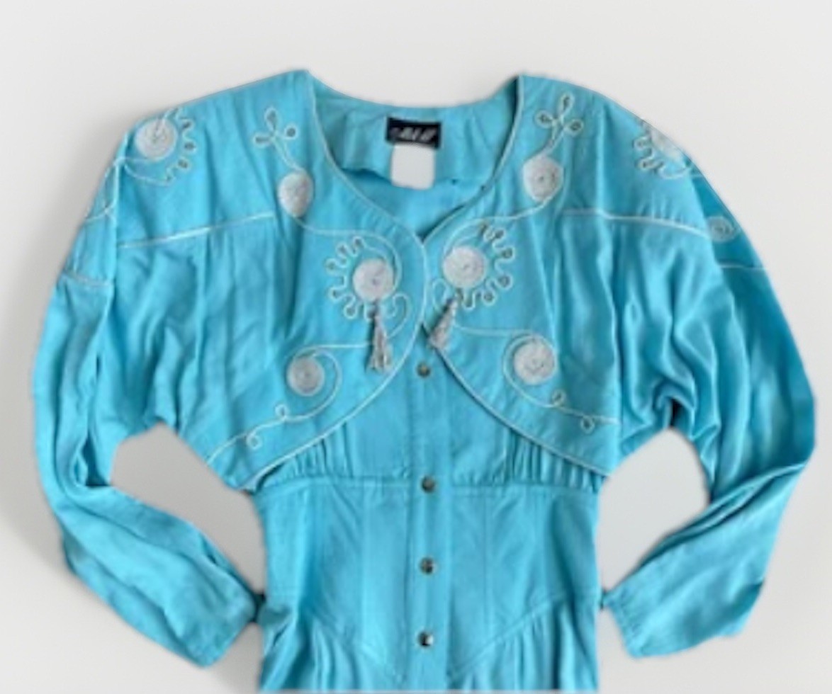 Vintage 80s 90s Teal One Piece Embroidered Tassel Fringe Jumpsuit Jacket Pants