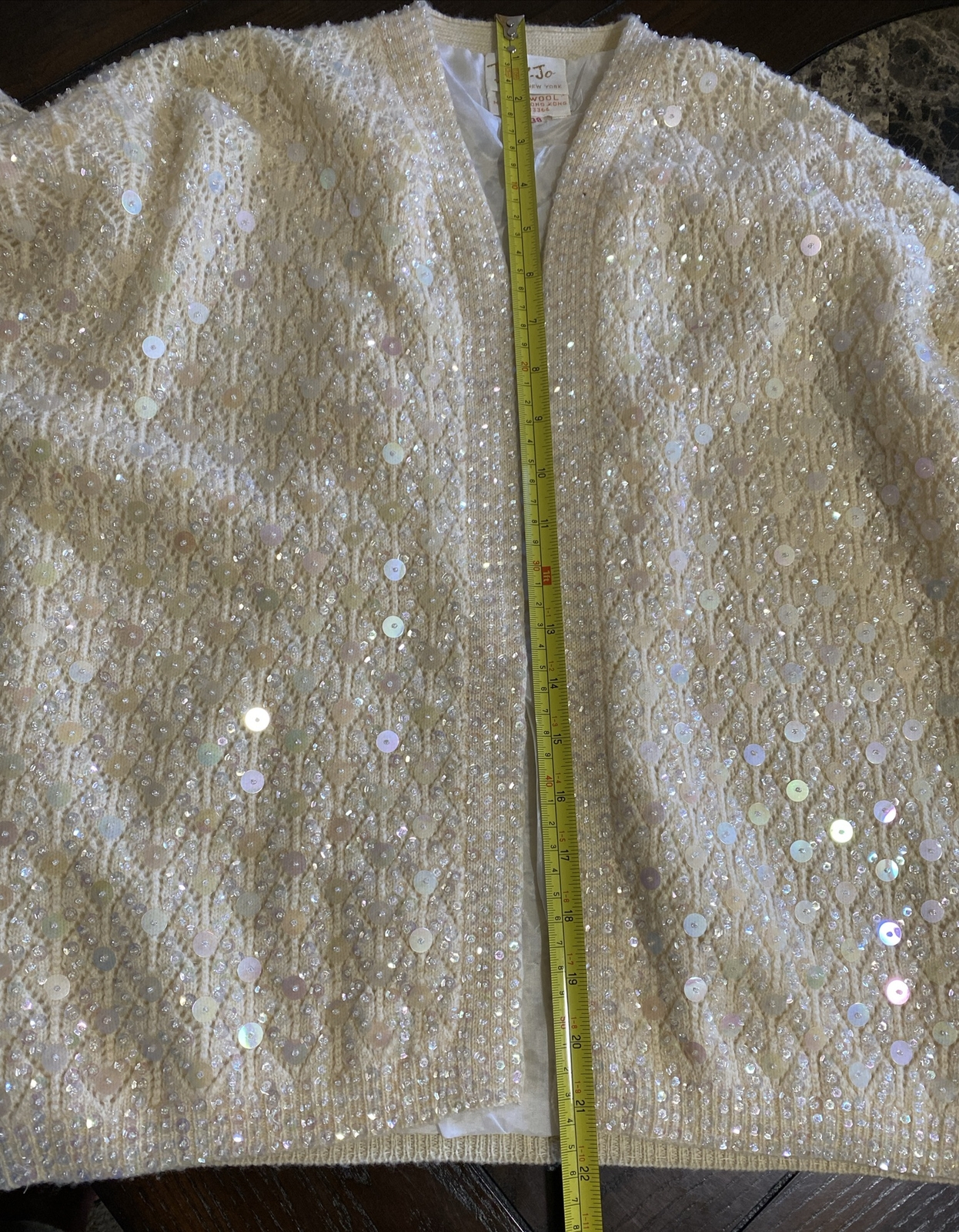 Vintage Jeri-Jo New York Sequin Cardigan Sweater Jacket 100% Wool Size 38 Ivory