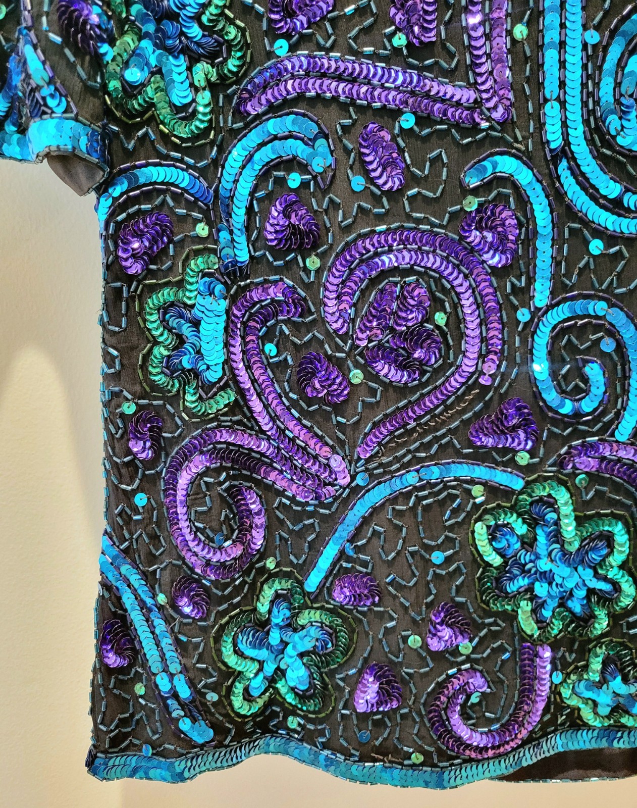 100% SILK Laurence Kazar Vintage Beaded/Sequined Embellished Blouse Blk/Blu PL
