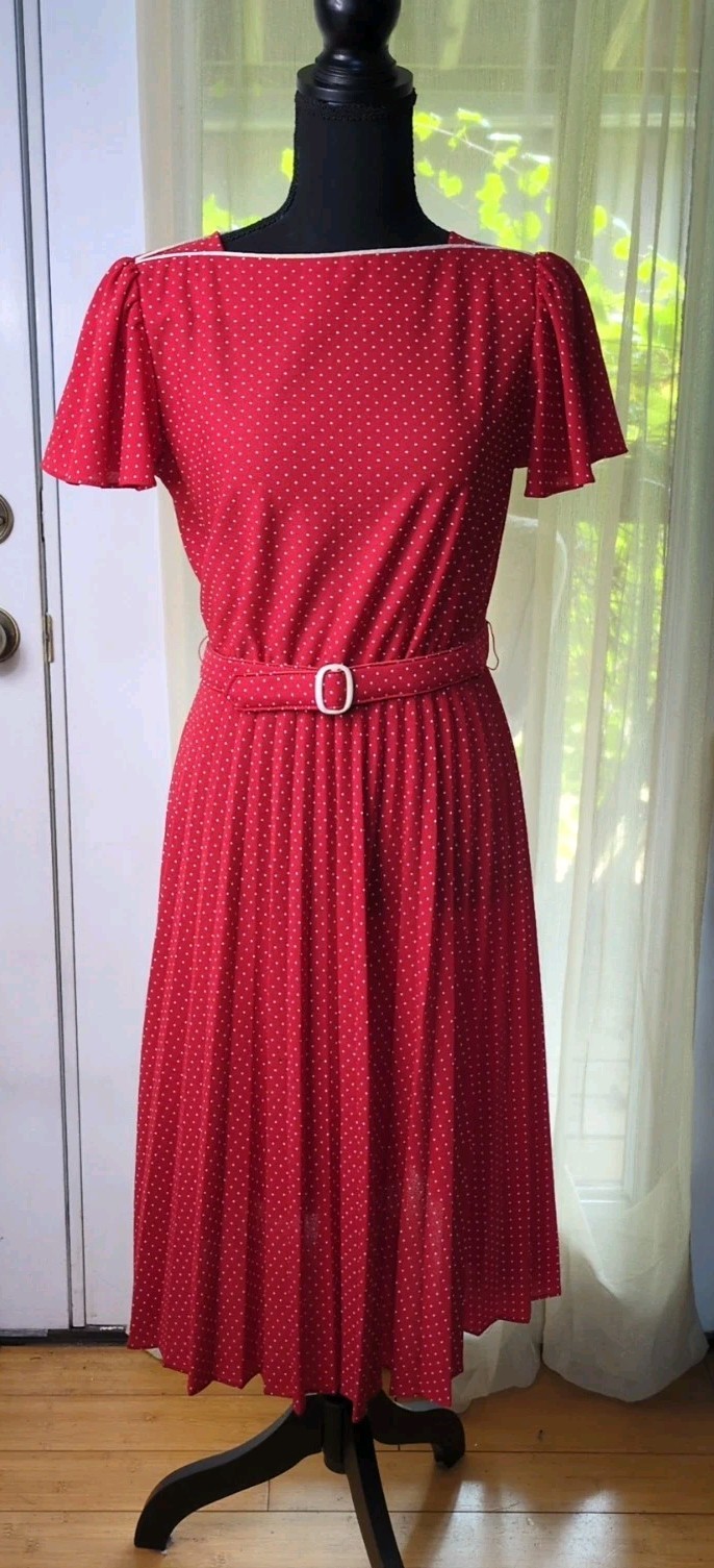 Vintage Whirlaway Women’s Medium Dress, Red /White Polkadot, Pleated, Belted