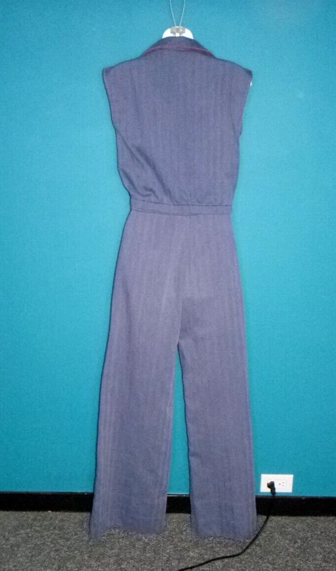 Vtg 70s Groovy The Suit Brand Blue Twill Top & Wide Leg Pants Pleather Trim Sz S