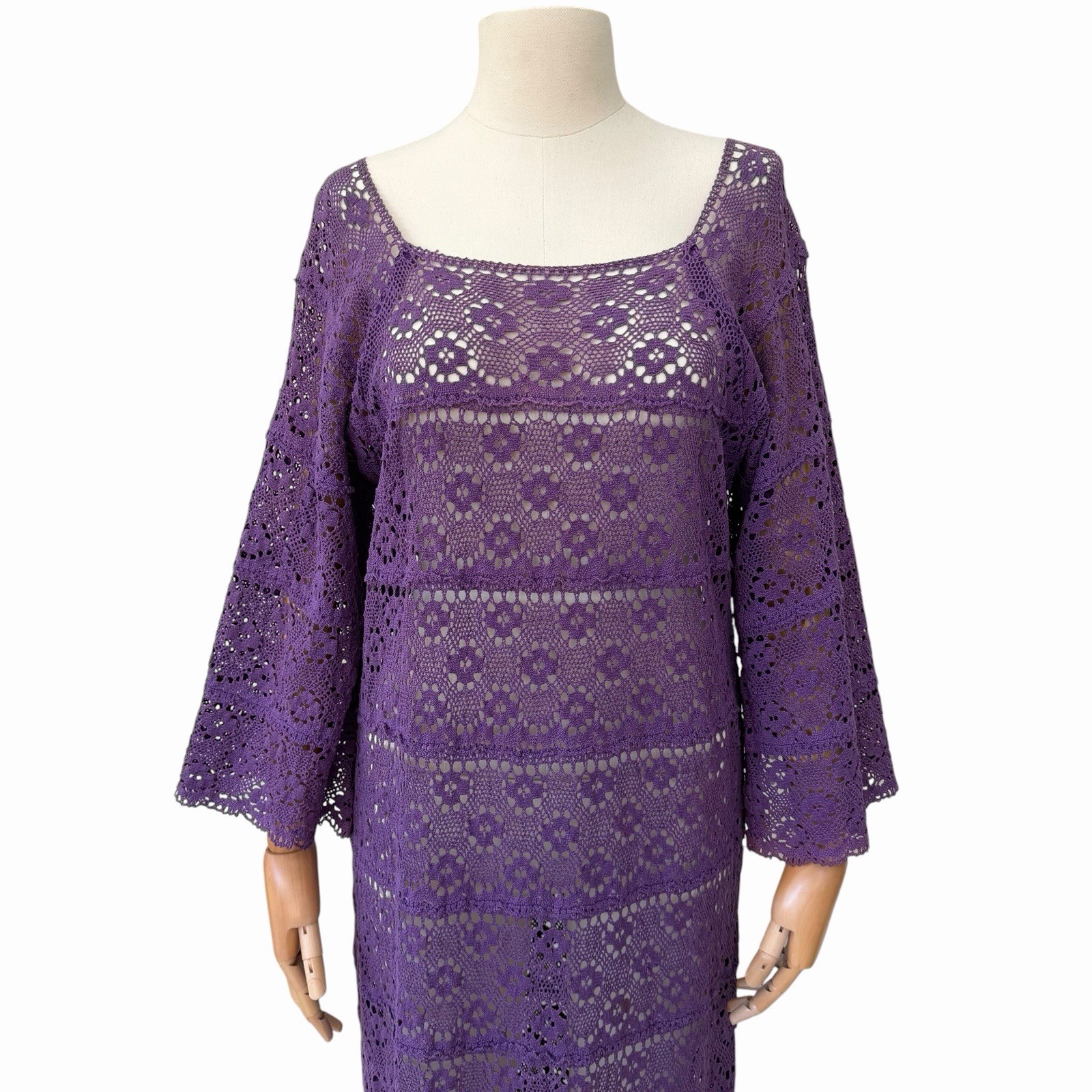 VTG 1960’s Cotton Crochet Maxi Dress, Grape Goddess, Bell Sleeves