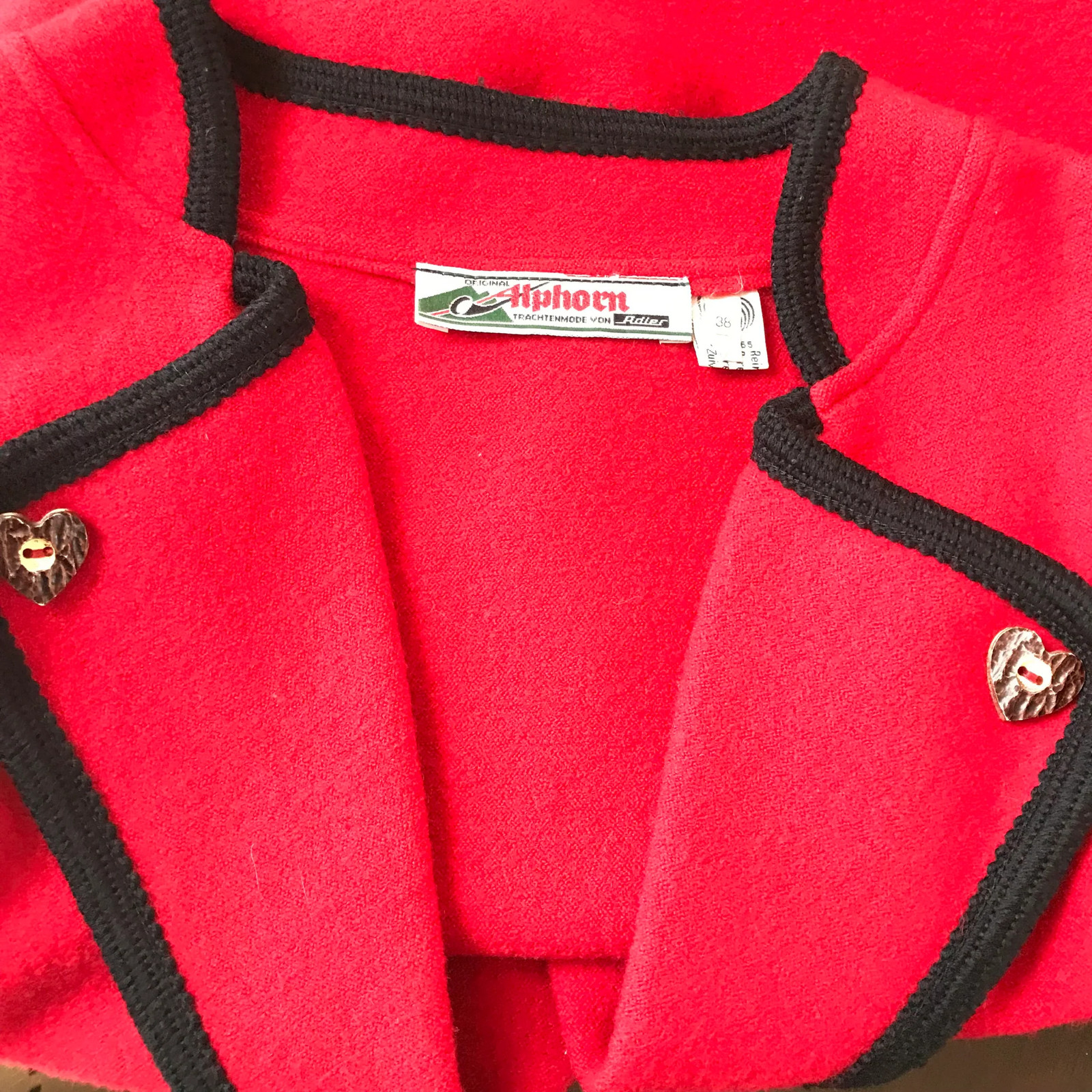 Vintage 1960s Alphorn Bavarian Wool Crop Jacket Red Black Sz M
