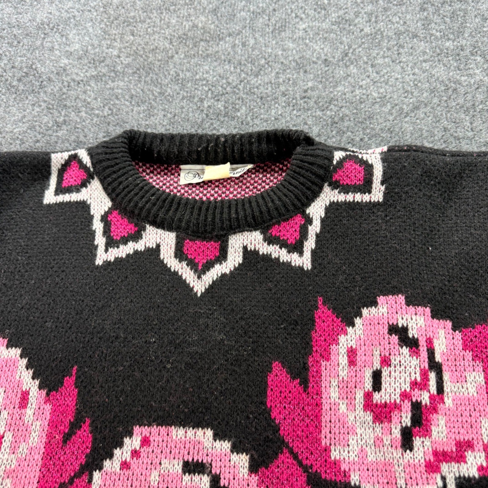 Precious Knits Sweater Vintage Floral Rose Bow Pink Black USA Made 42/22W Womens