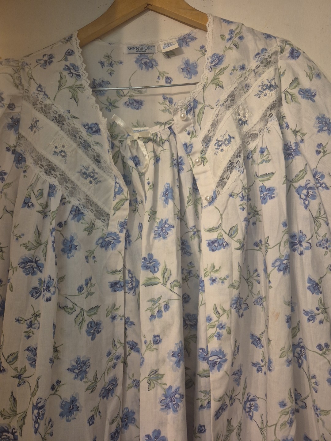 VTG Ship N Shore Nightgown & Robe Housecoat Pearl Buttons Rose Lace 1X NWOT