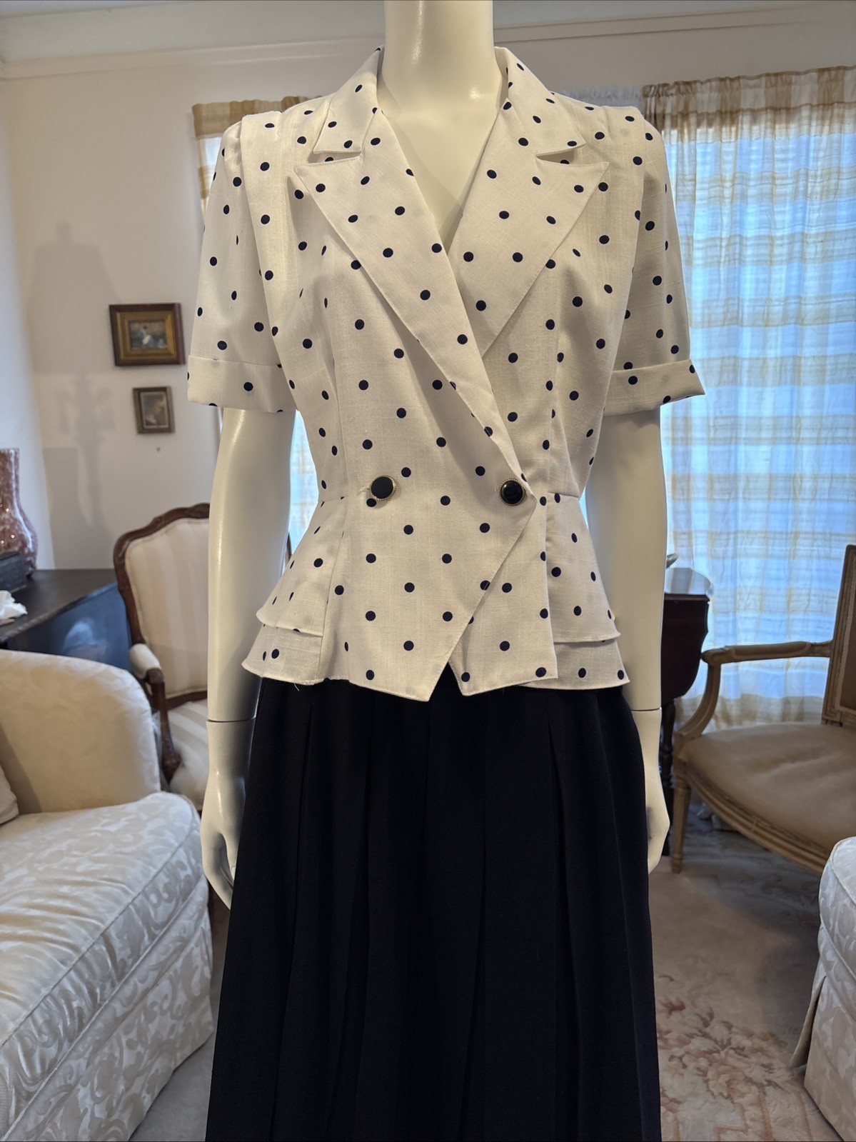 Vintage Miss Dorby Blazer/Jacket White With Navy Blue Polkadots Collar Cuffs 10P