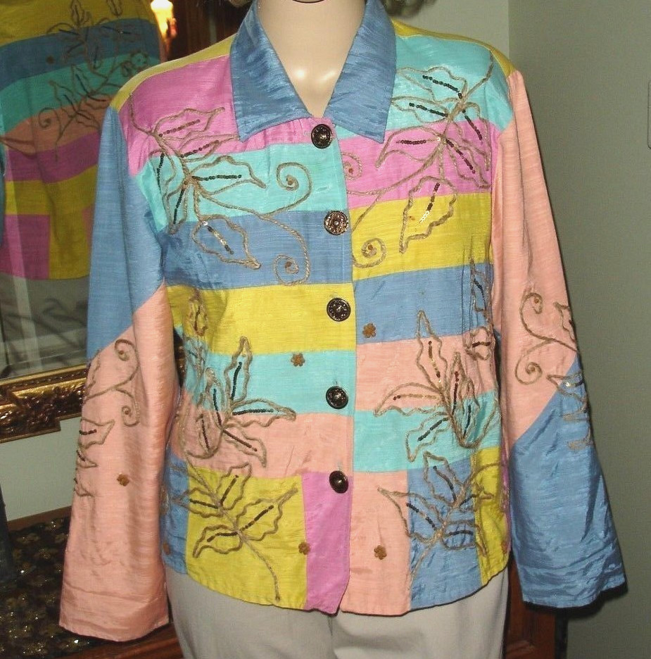 Vtg XL Alex Kim Rainbow Colors Lightweight Button Front Jacket Fully Lined