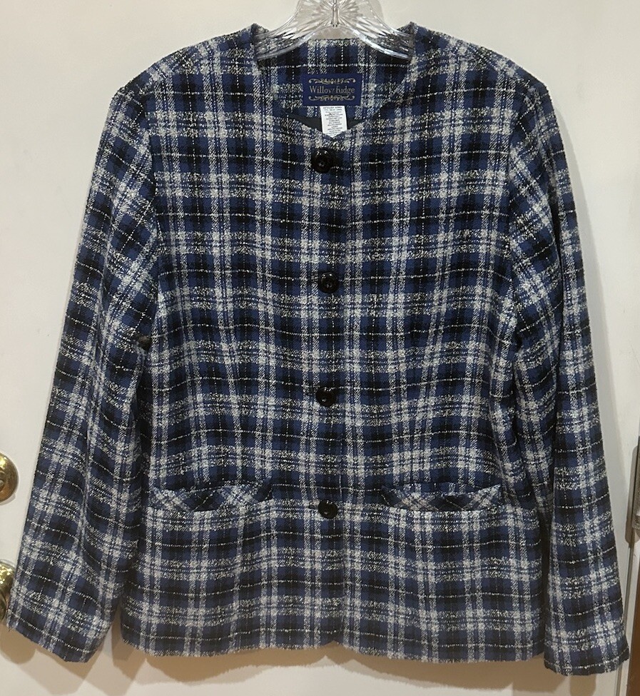 Vintage Willow Ridge Womens Blue, Black & White Plaid LS Button Up Blazer Size12