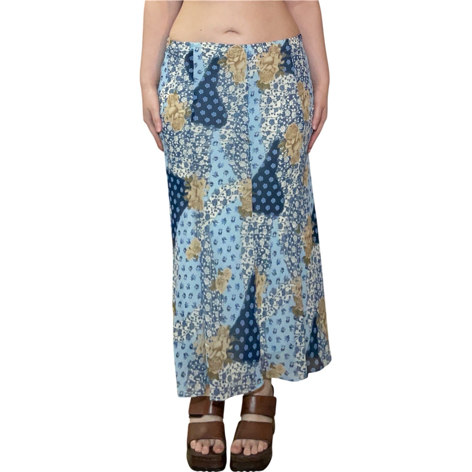 Y2K Blue And Cream Floral Patchwork Print Midi Skirt Size L