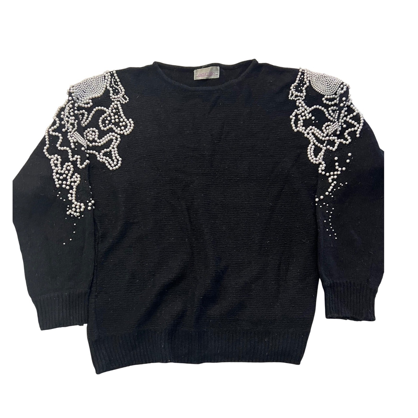Gladys Bagley Vintage Black Knit Sweater Pearl Embellish 80s Glam Pullover