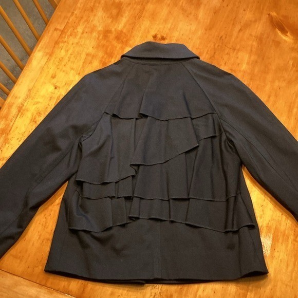 90s Vintage Preppy Katherine Barclay Black Double Breasted Ruffle Back Peacoat M