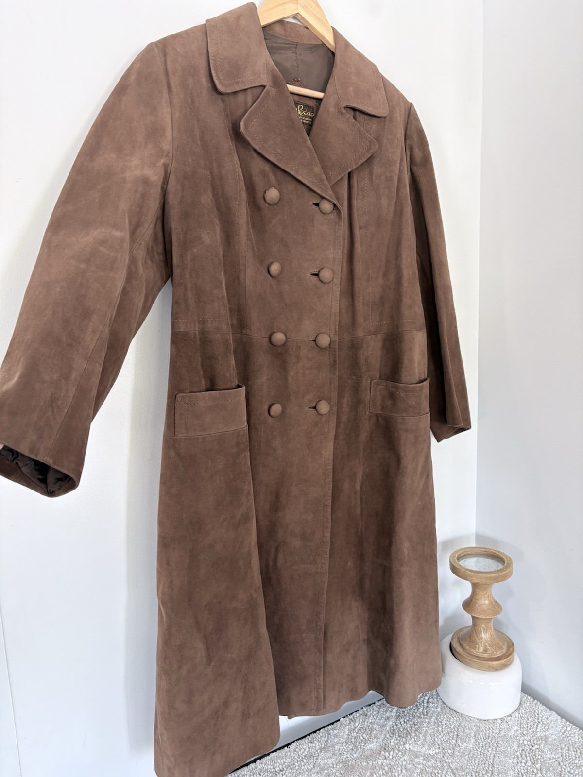 Vintage HERRERO Y RODERO Suede Leather Long Coat Button Sz L 60s 70s Barcelona