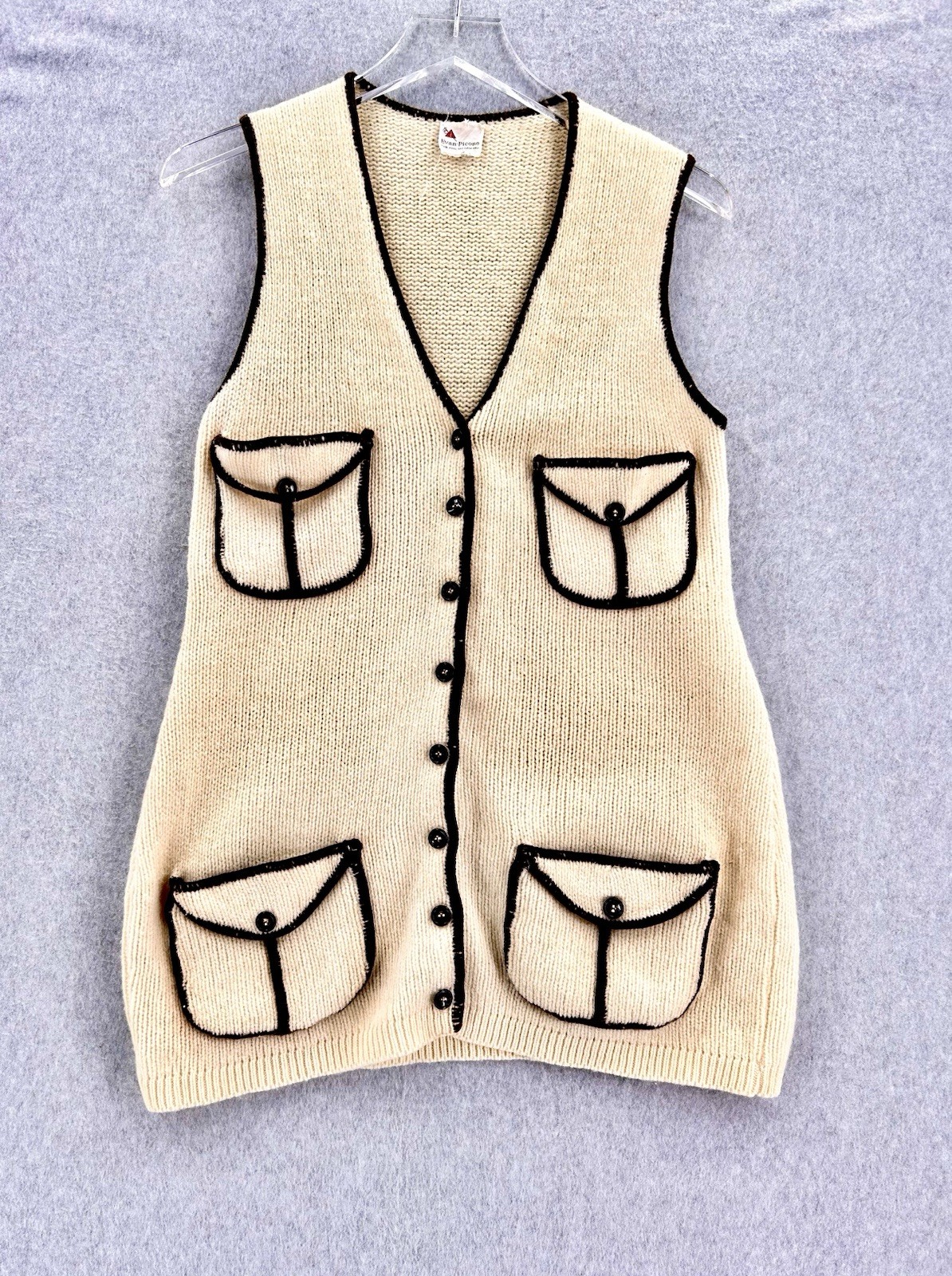 Vintage Evan-Picone 100% Wool Knit Vest Pockets Deco MCM Retro Size Small