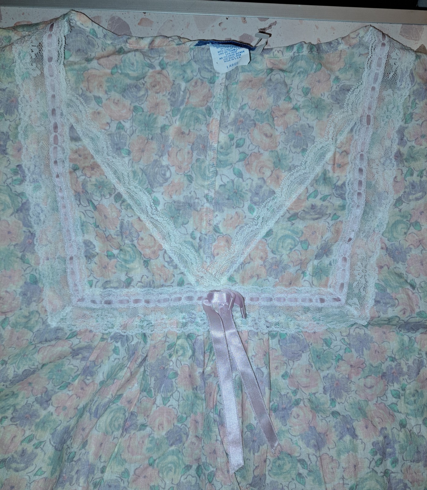 Vtg Stardust Long Nightgown Large 80s White Purple Pink Floral Cottagecore