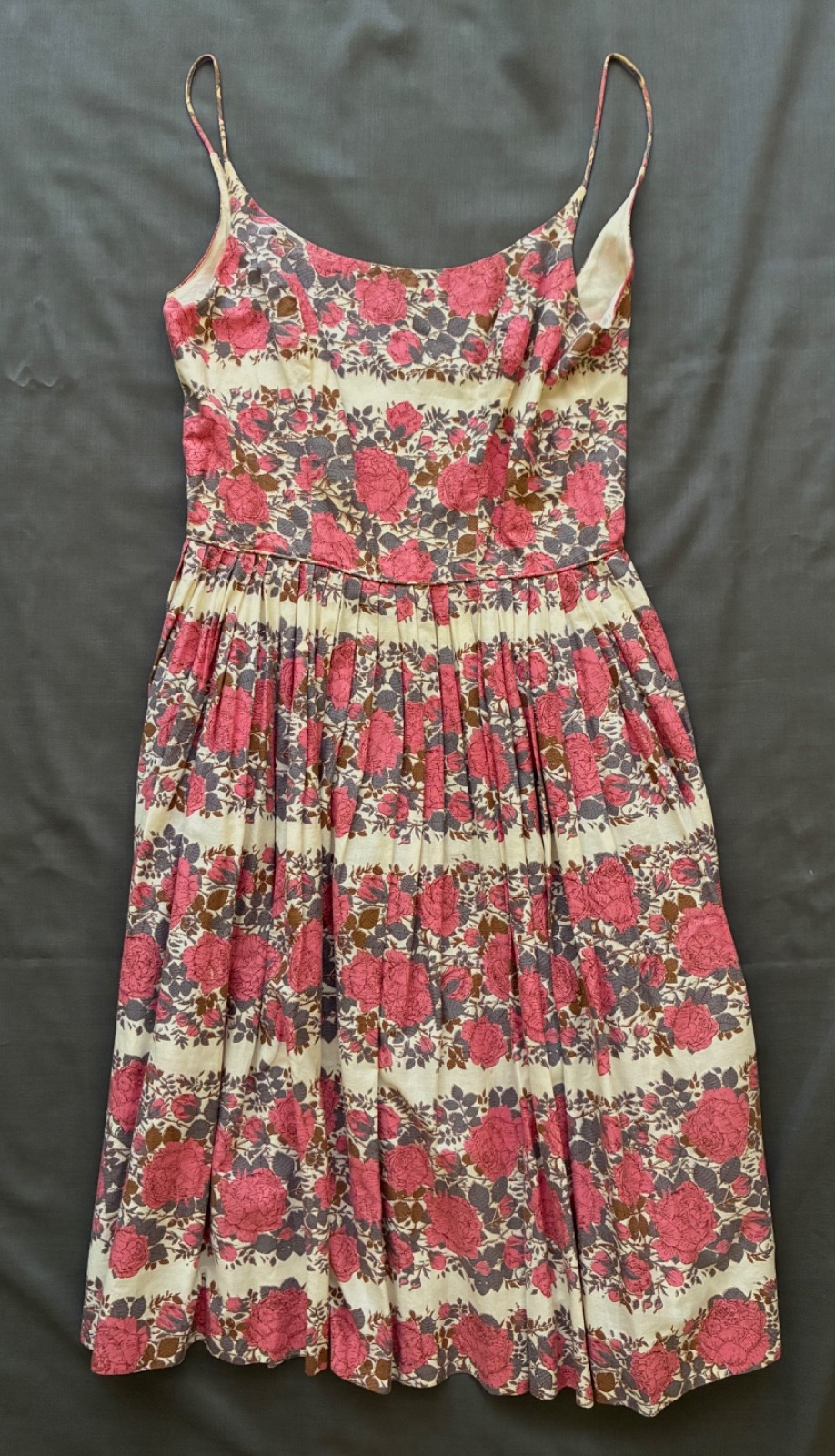 Vintage Floral Cotton Sundress Small Pink/Ivory/Lavender/Roses/Fitted Waist