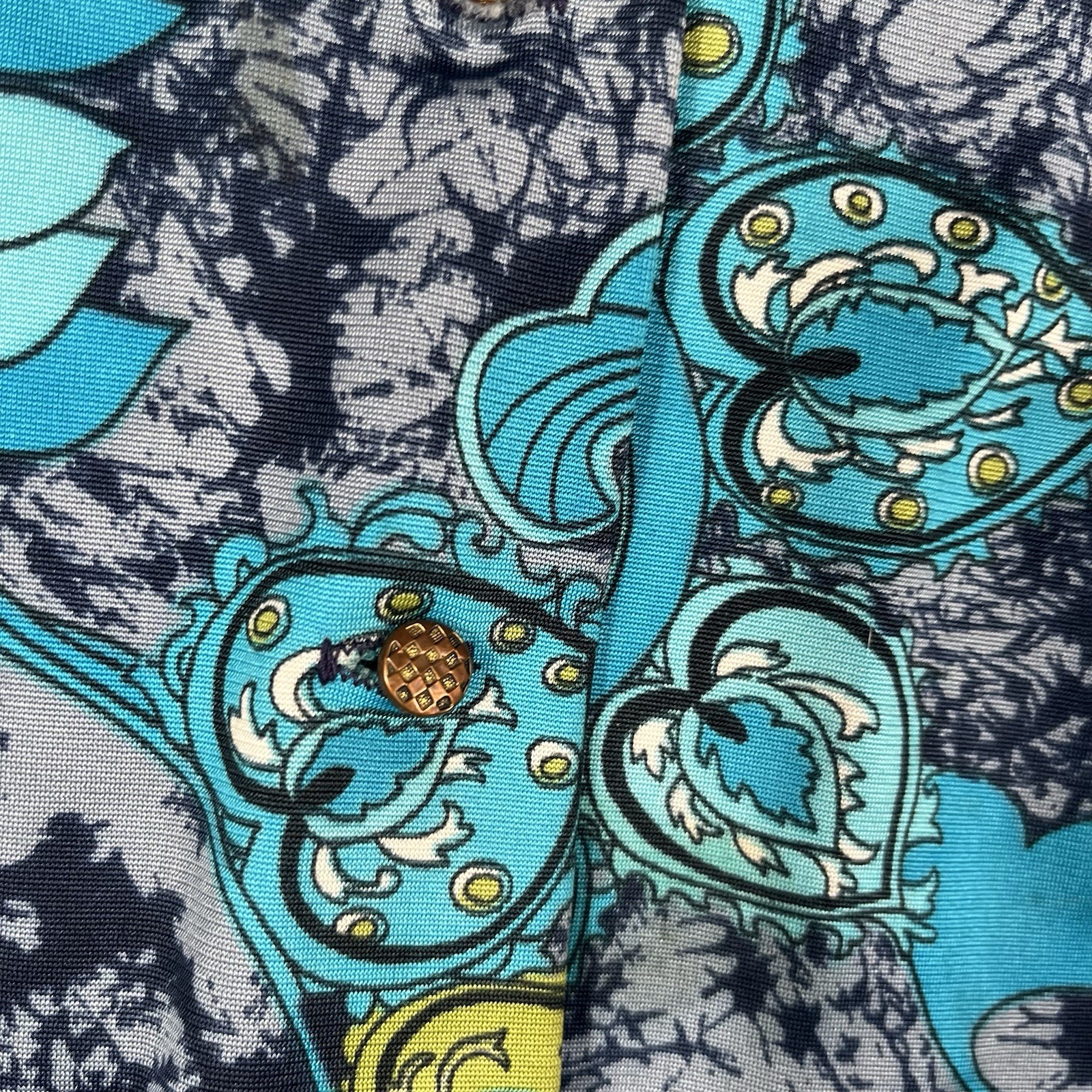 VTG 70s Pykettes Shirt Womens Psychedelic Paisley Floral Turquoise M/L Disco