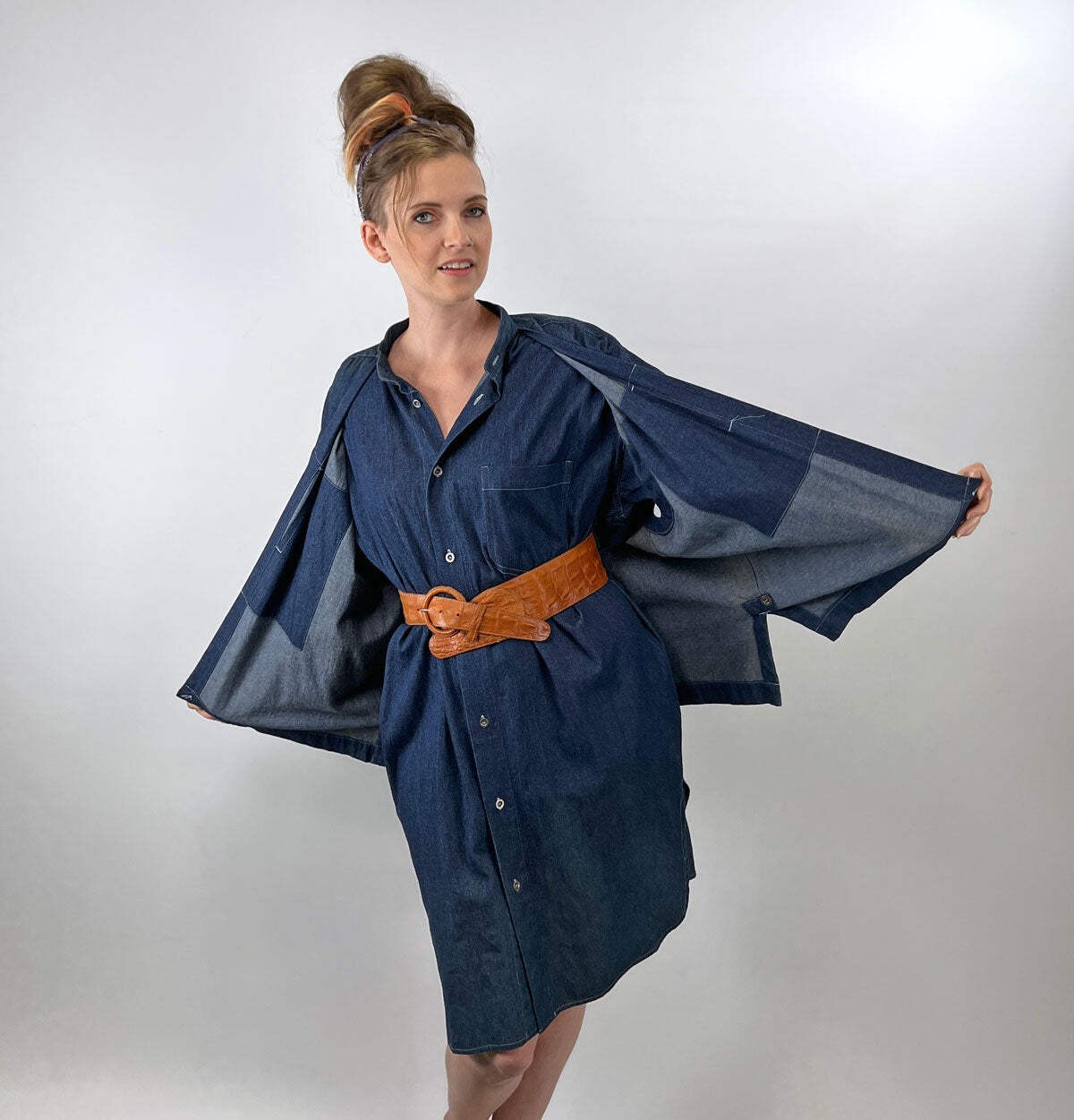 80s 90s Indigo Denim Coat Dress Issey Miyake Plantation OSFM Avant Garde