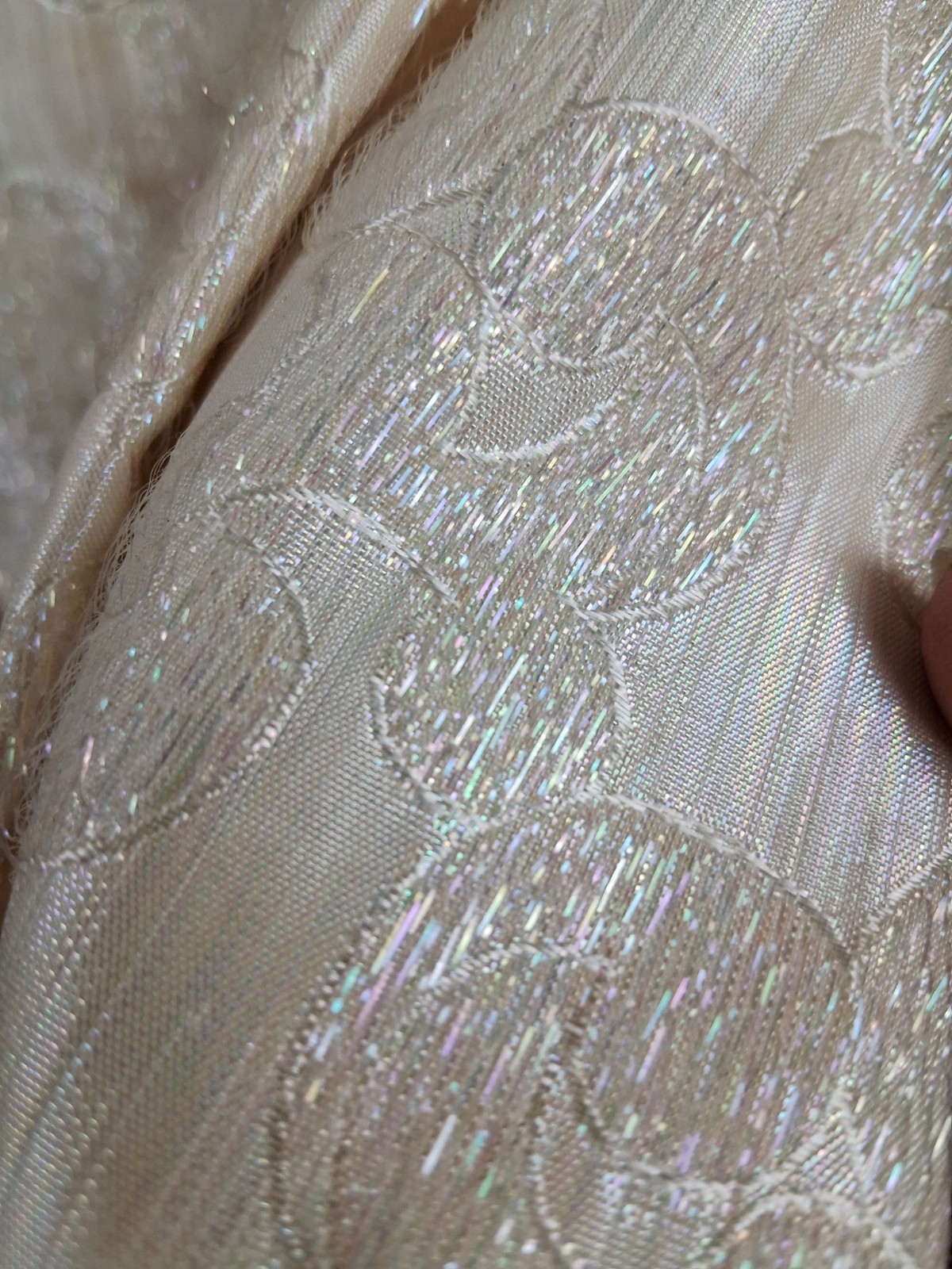 Vintage Mid Century Jaquard Skirt Jacket Set SMALL Iridescent Cream 3pc Flawed