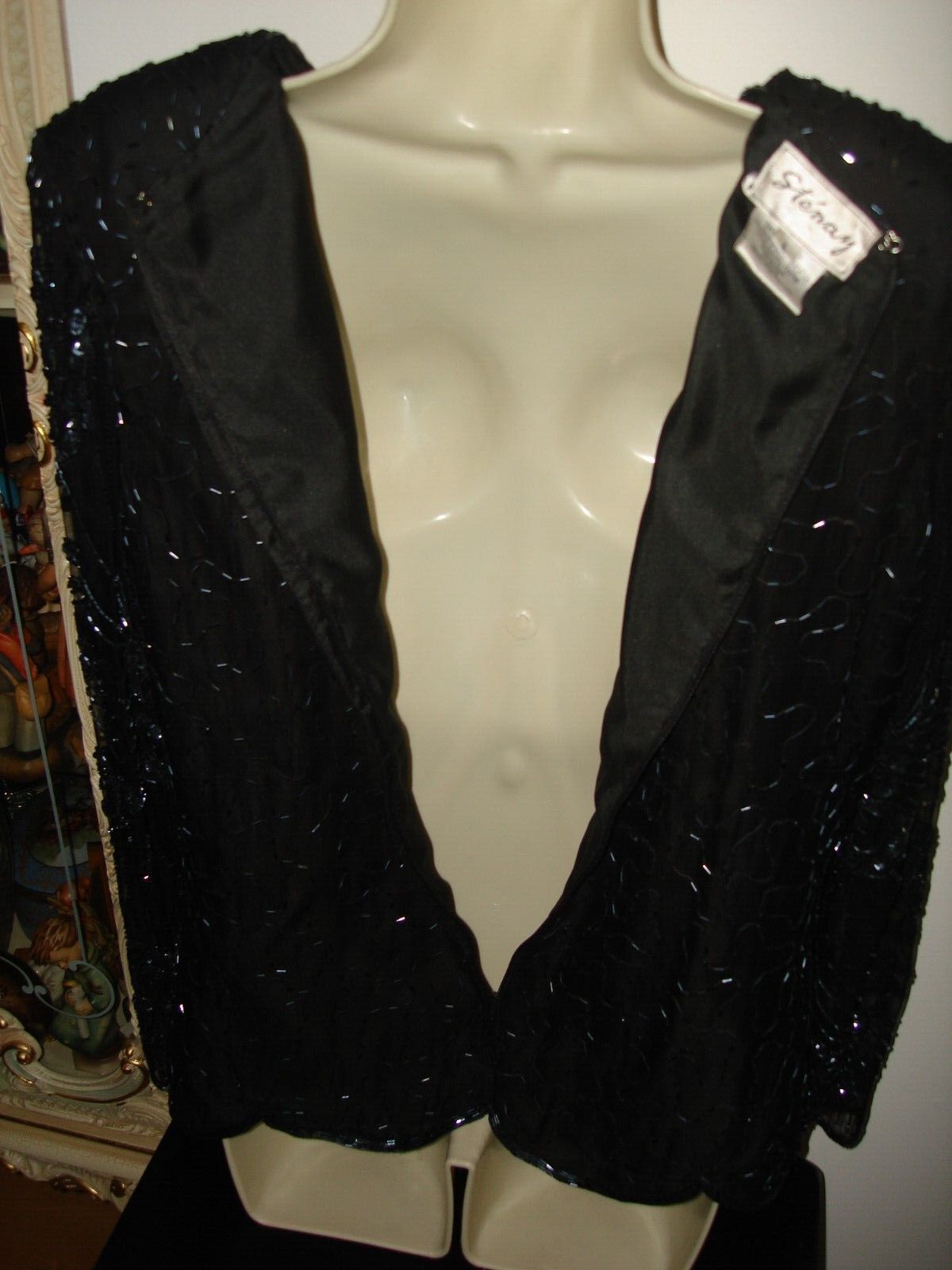 Vintage Unique Nice STENAY EVENING Black Silk Beaded Cocktail Long Sleeve Top L