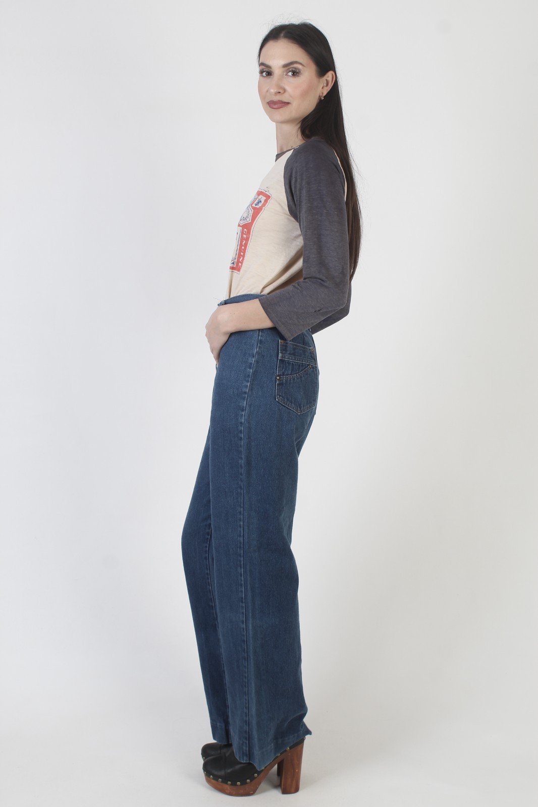 Vintage 70s Wide Leg jeans Blue Denim High Waist Bellbottom Flare Pants 28