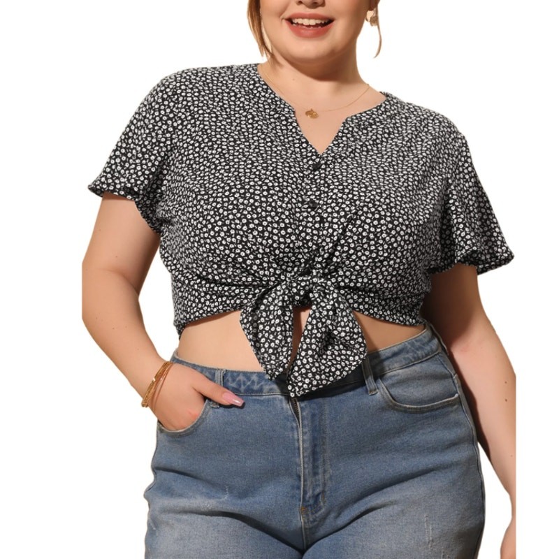 Josephine Chaus Sport Black w/ White Flower Print Tie Front Crop Shirt Large