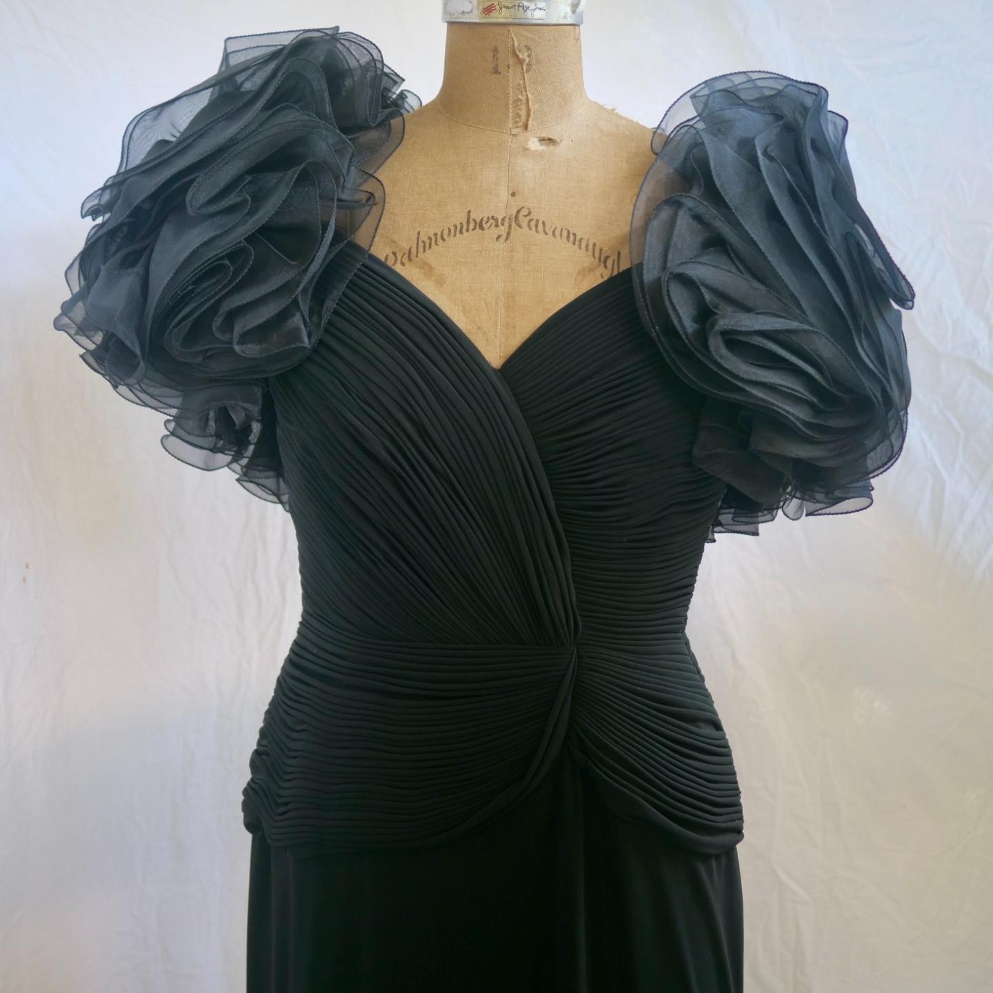 vtg 80s LILLIE RUBIN Black Ruffled Shoulder Ruched Evening Long Dress Mob Wife
