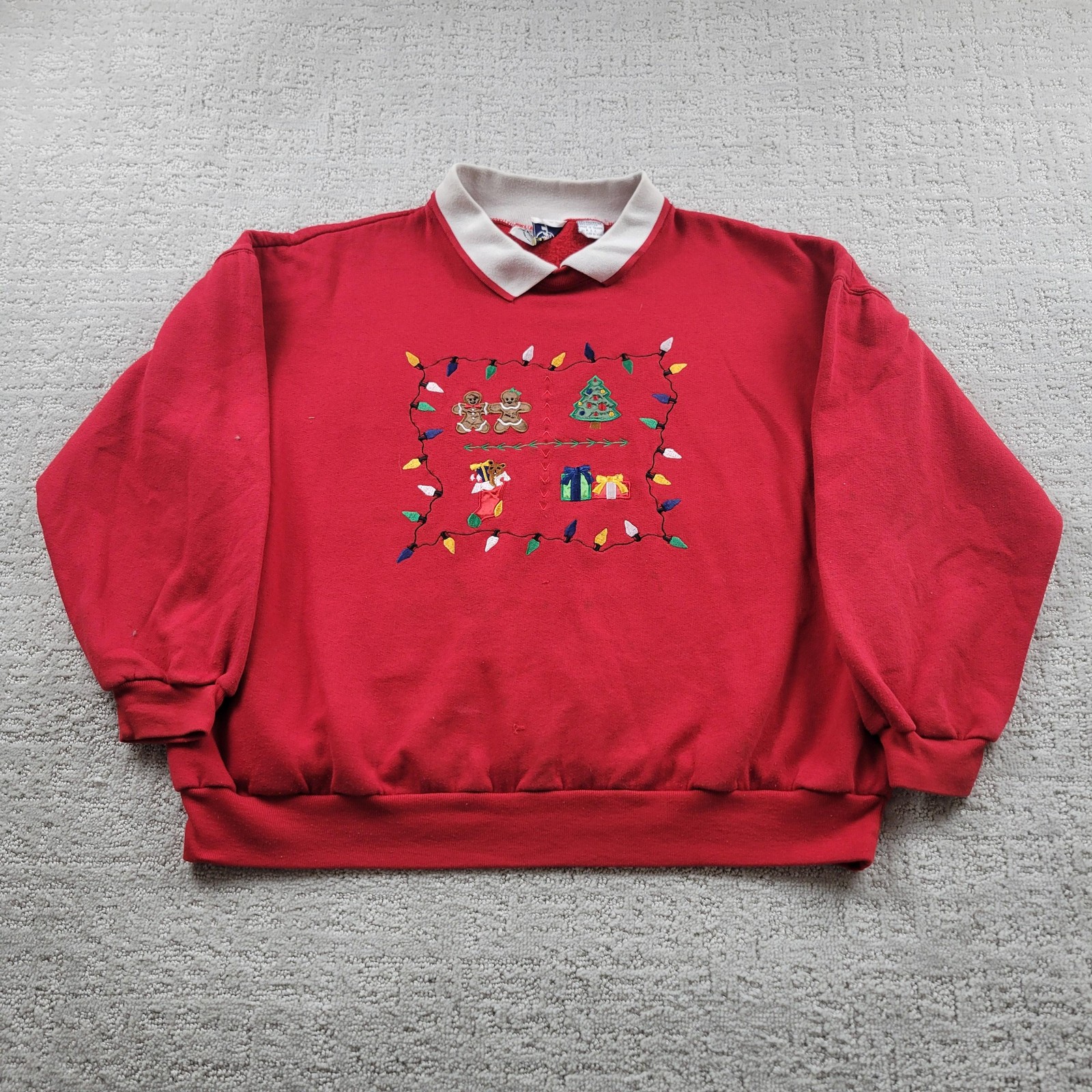 Sport II Sweatshirt Mens 2XL Red Collared Pullover Christmas Embroidered Lights