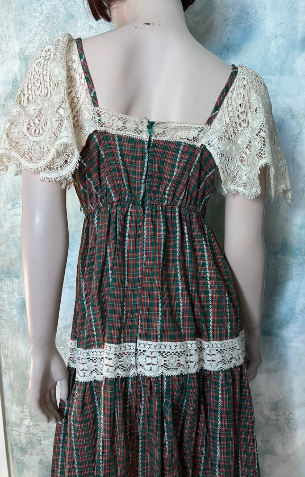 Vintage 70’s Green Plaid and Lace Prairie Maxi Dress Trivia by Charm S
