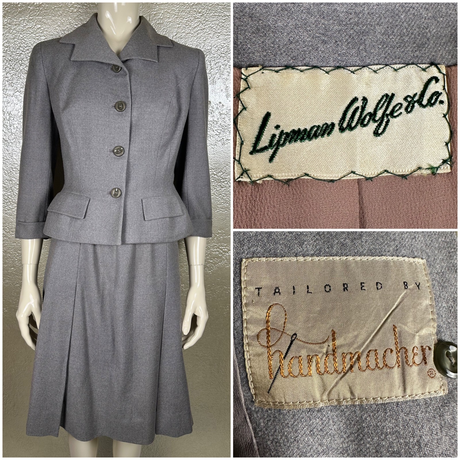 Vintage 1940s-1950s Ladies LIPMAN WOLFE & CO. Gray Wool Two Piece Skirt Suit Set