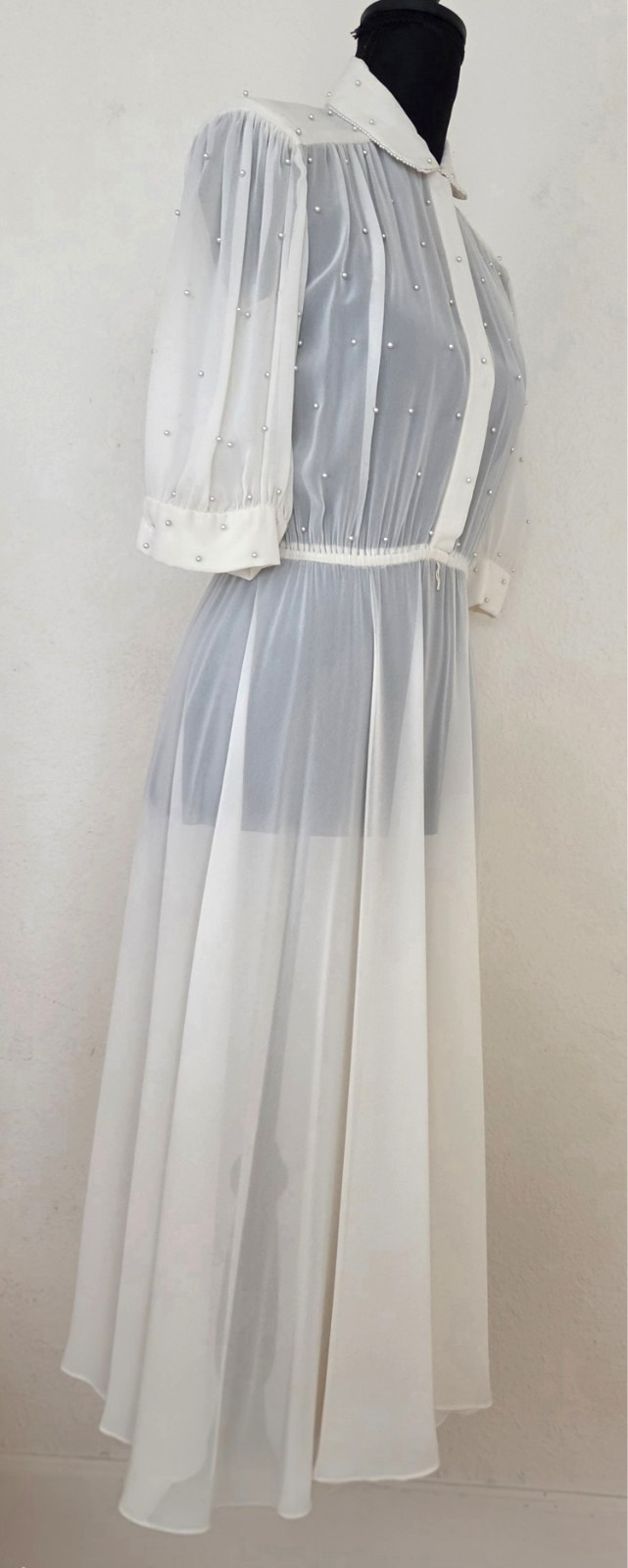 Vintage Bonnie Strauss Sheer Off White Peal Embellished Dress