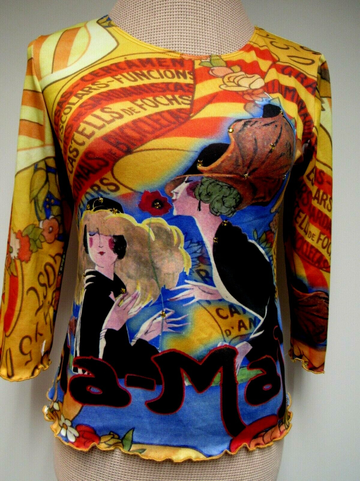 VTG BOHO CHIC Stretch Knit Top Ladies Hats Spain Celebration Gold Red Black S EU