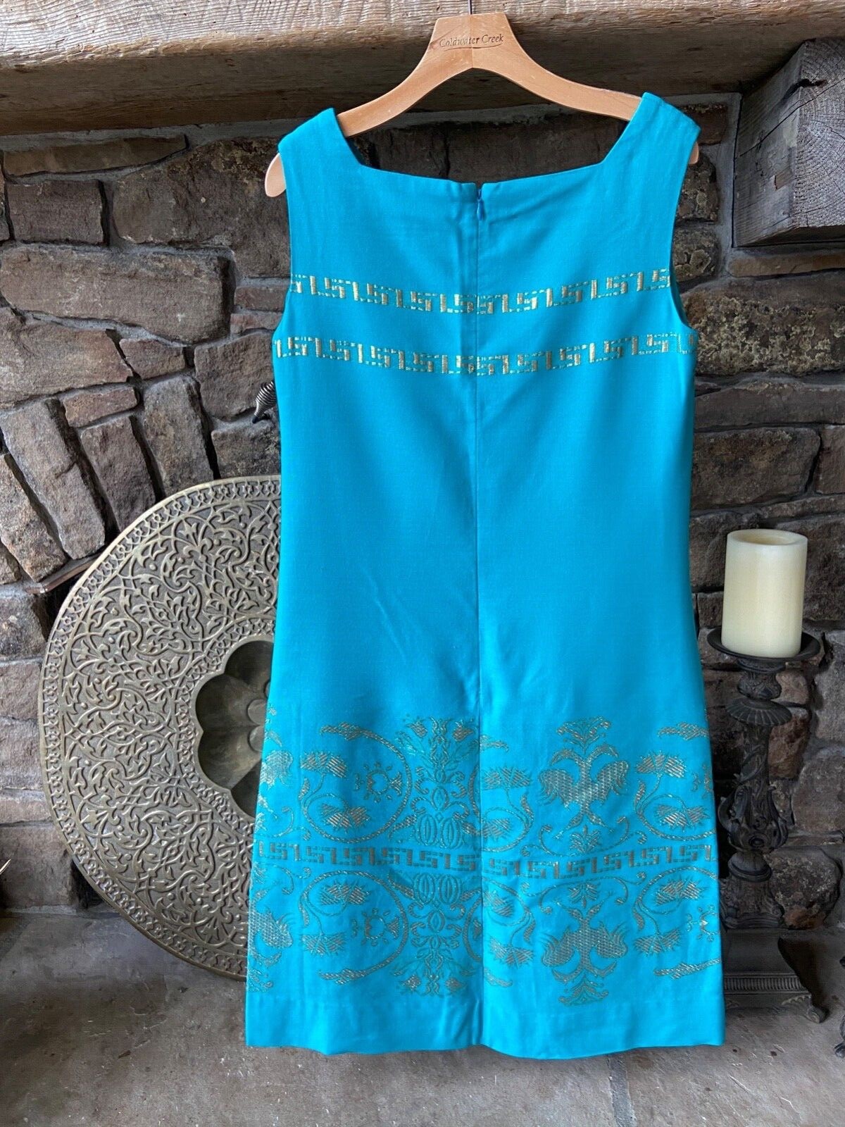 Vintage 60’s Turquoise Mod Shift Dress, Women’s 8-10 Gold embroidery GoGo