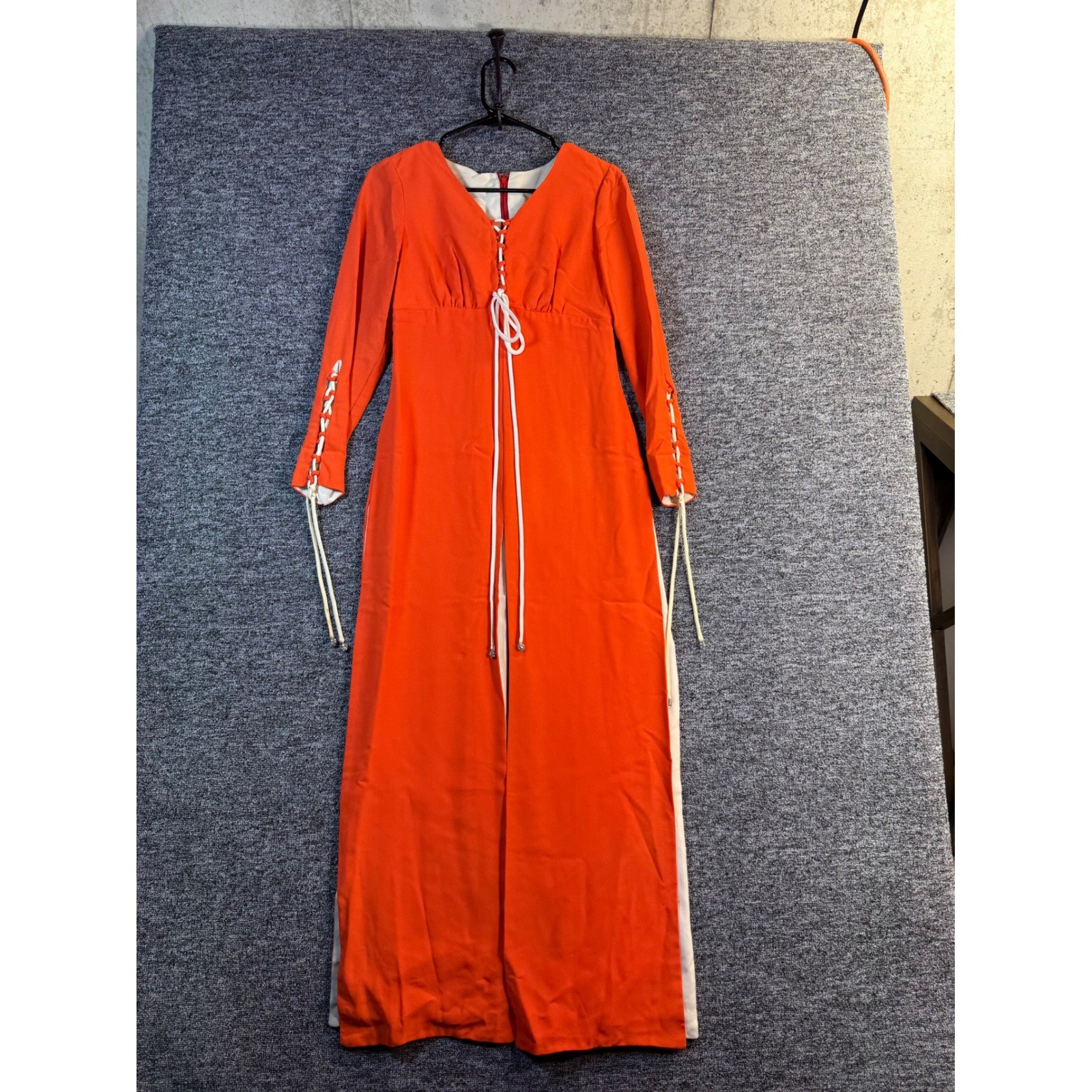 Vintage 60s 70s Orange Lace Up Maxi Dress Hostess Gown Rhinestone Aglets Mod S