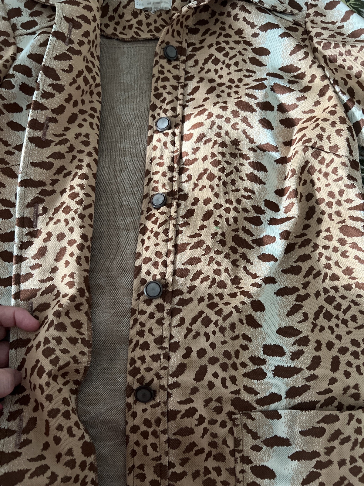 Vintage 1960s Animal Print Knit Top Boutique Brown Cheetah Button Up Sz 14 Sears