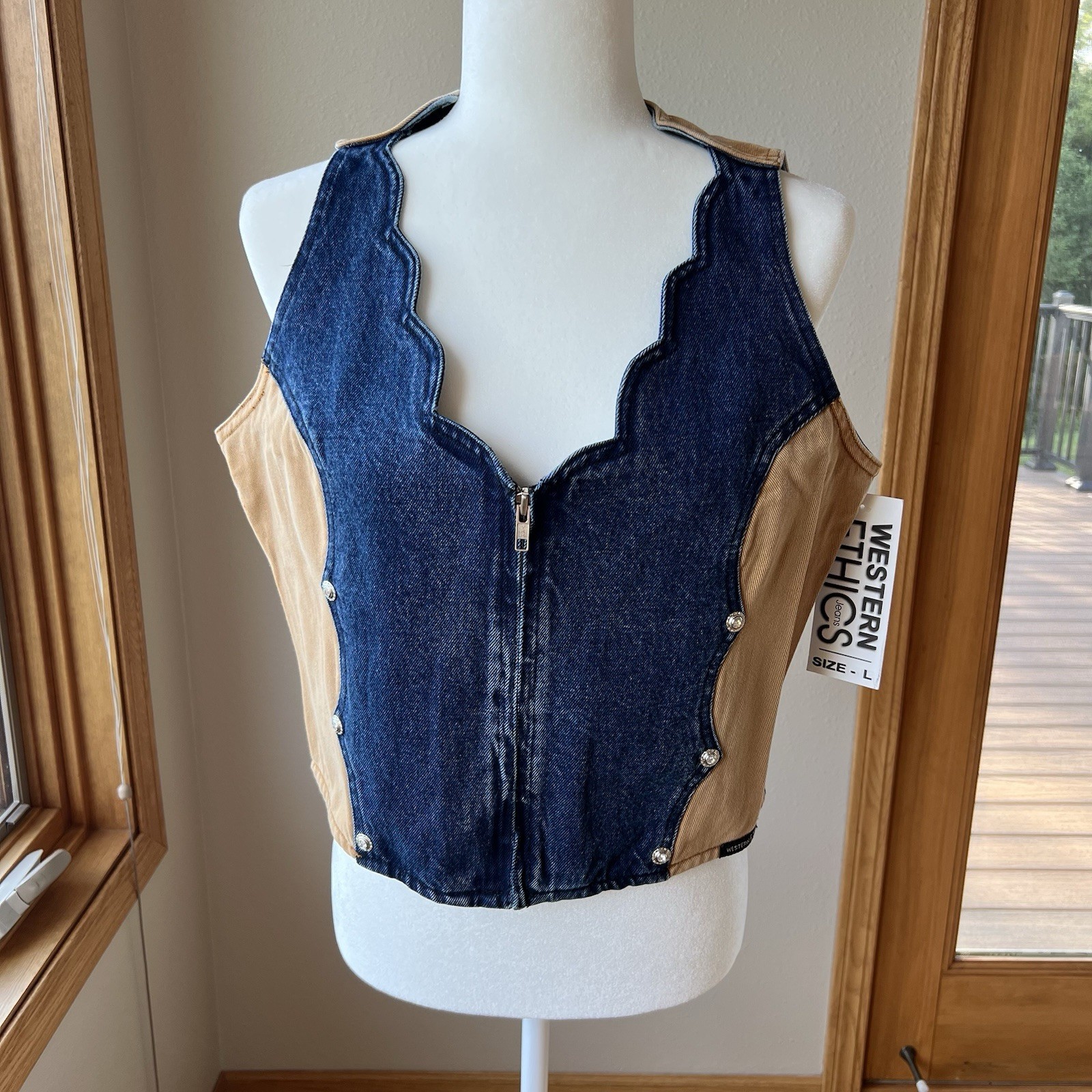 Vintage Western Ethics Bling Vest L Denim Tan 2 Tone 80s Scalloped Zip Cowgirl