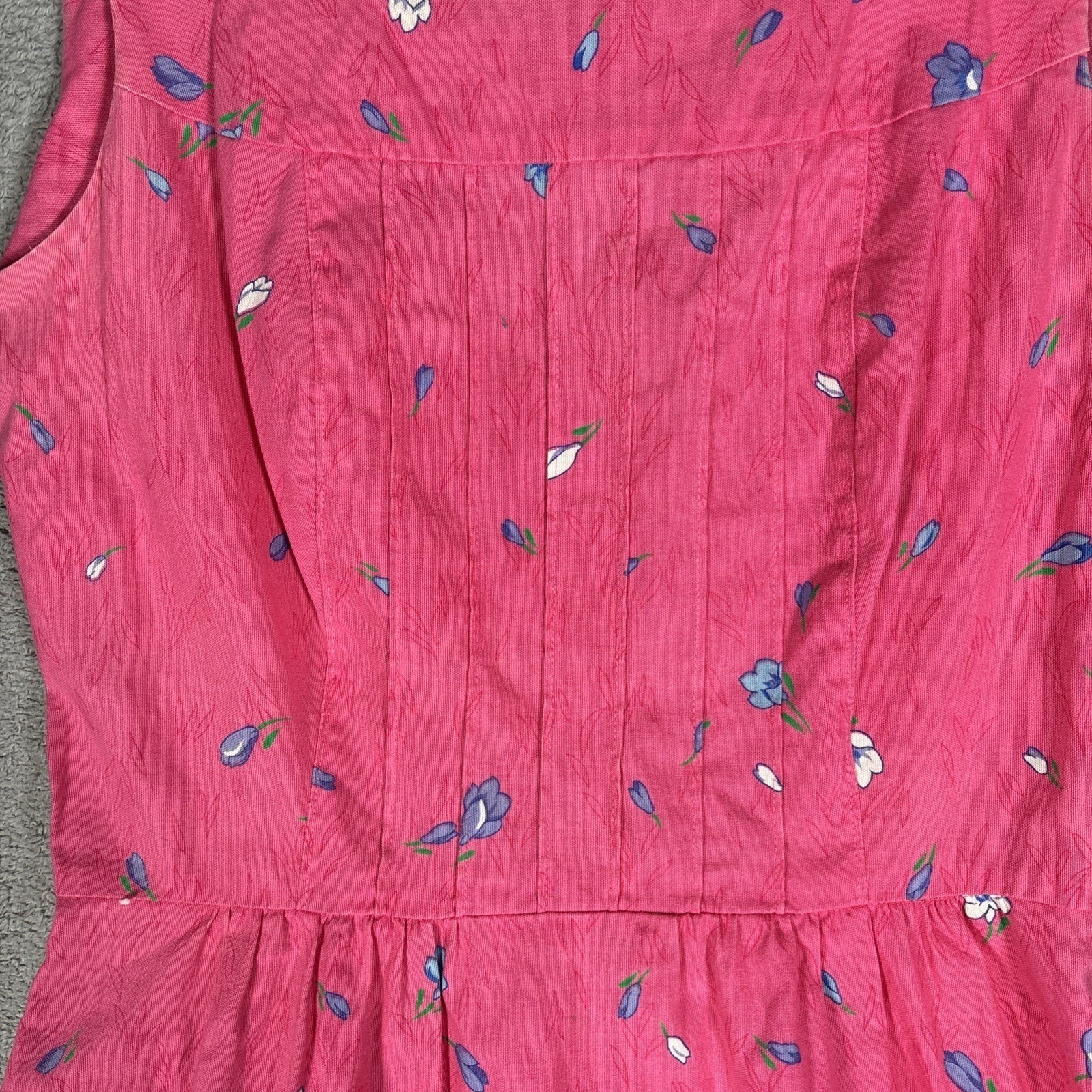 Malia Vintage Pink Floral Cotton Sleeveless Fit Flare Midi Dress Pintuck Bodice
