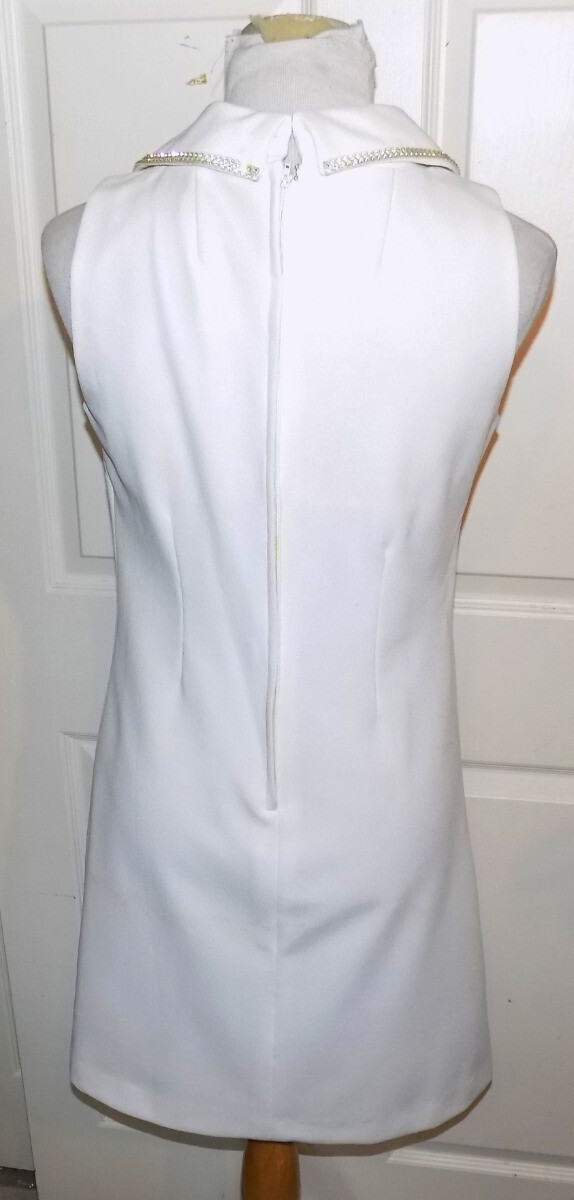 Vintage 60s White Polyester Double Knit Cocktail Dress Bow Rhinestone Trim B36