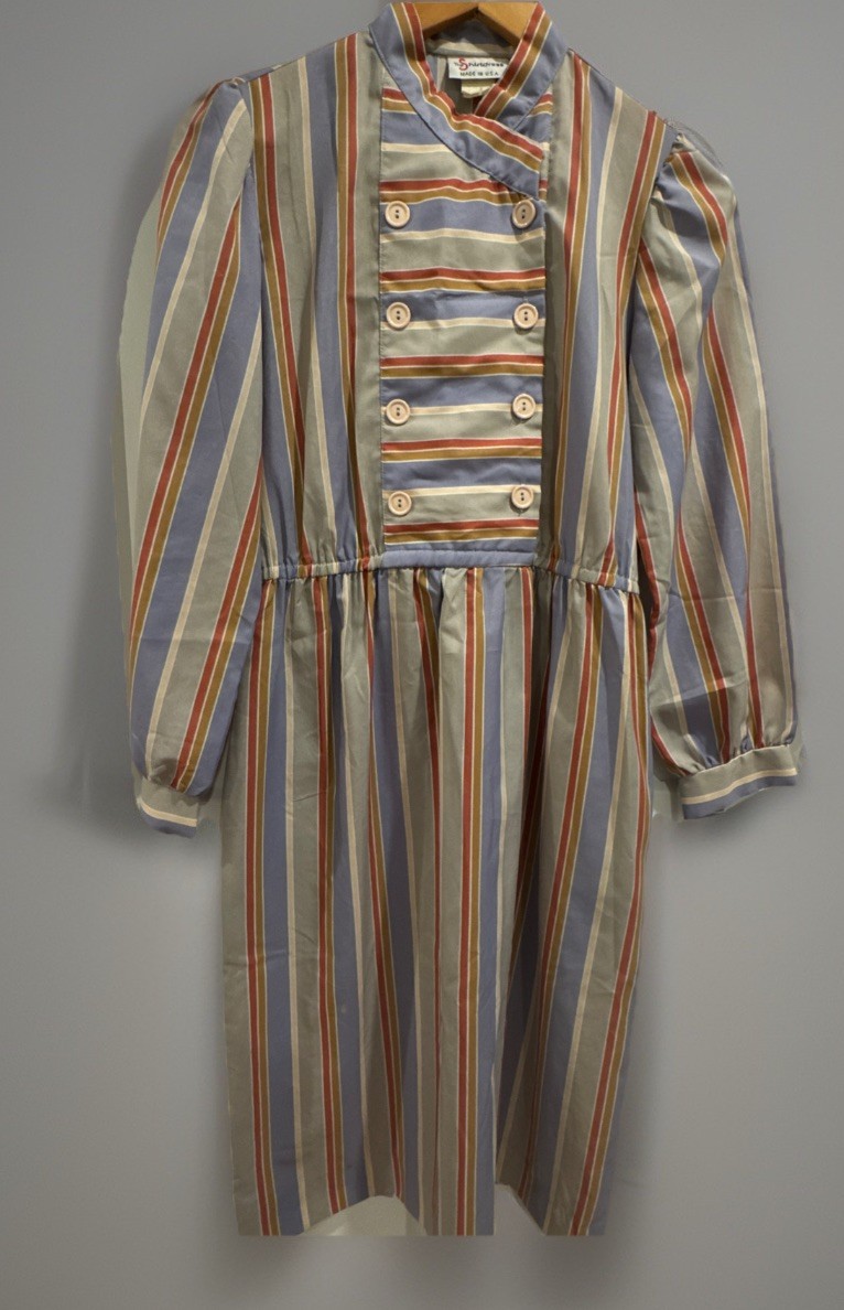 Vtg “The Shirtdress” made in The U.S.A M Gray, Blue and Orange Stripes Women