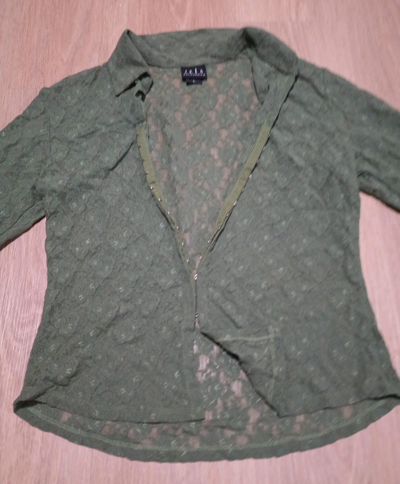 Vtg Y2K JKLA CALIFORNIA Olive Army Green Stretch Rose Floral Lace Sheer Top L