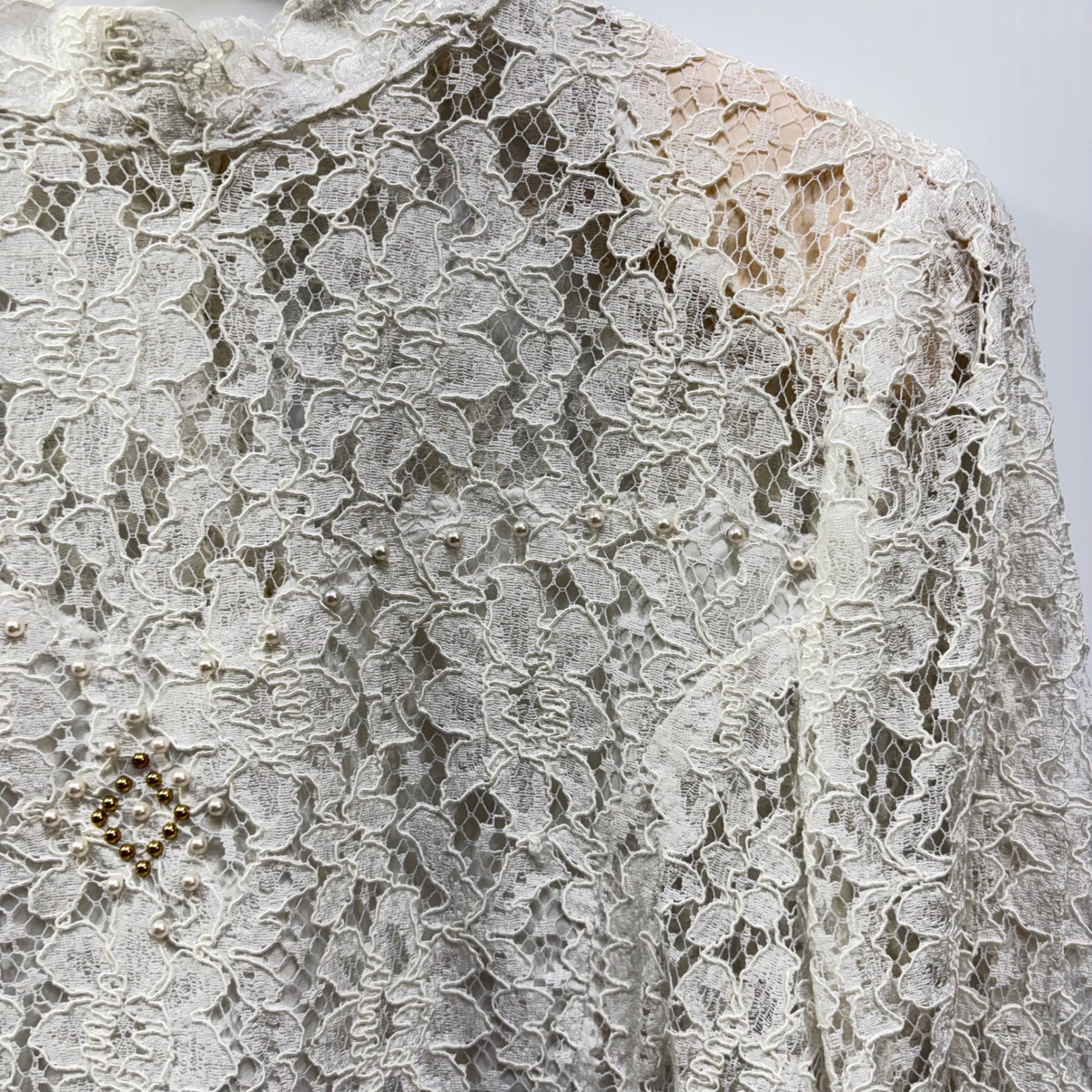 VTG Off White Floral Lace High Neck Button Blouse Sheer Beaded Back Top France