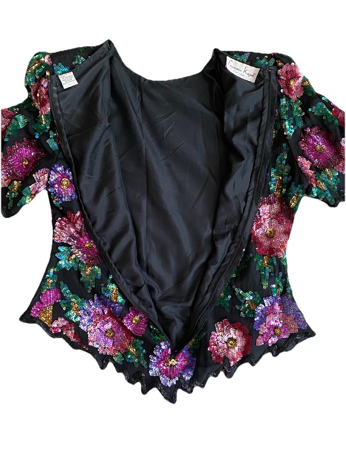 Vintage Laurence Kazar Sequin Silk Blouse Large Black Pink Purple Green Floral